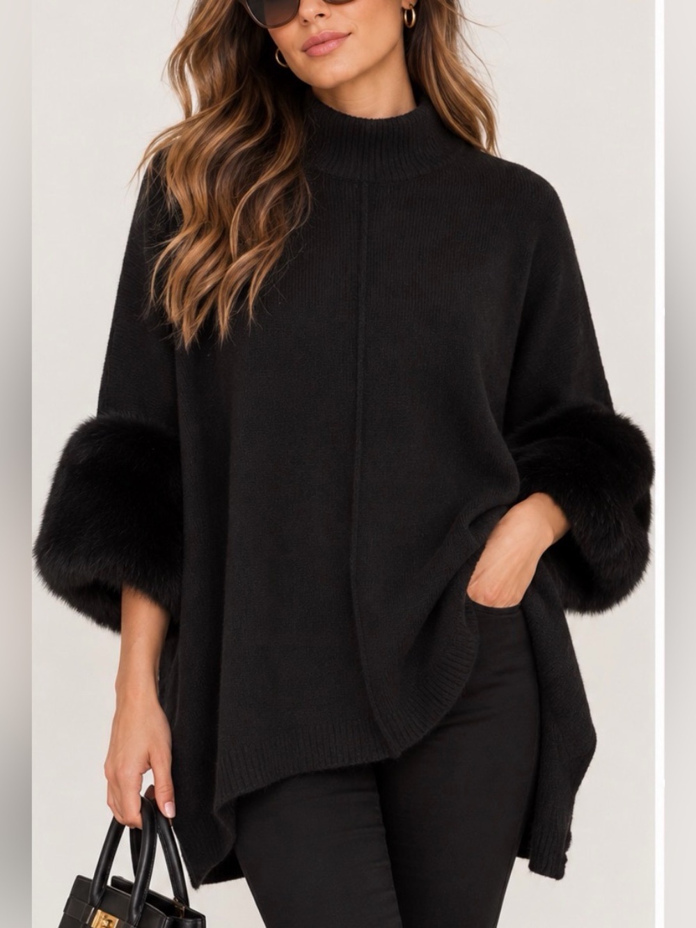 Saks Fifth Avenue Black Faux Fur Trim Poncho Sweater Size M